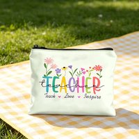 Teacher Tote Bag And Makeup Bag Combination Floral And Text Design Teach Love Inspire Portable Pouch For Teachers Gift Use
