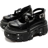 Punk Style Flat Platform Shoes Rivet Buckle Strap Mary Janes Cross Belt Black Leather Thick Bottom Shoes Women Sandals Summer