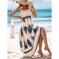 Summer Sleeveless Square Collar Printed Dress Women Suspender High Waist A Line Dresses Beach Vacation Robe