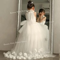 Customized Ivory Flower Girl Dress with High Collar Tulle3D FlowersElegant Gown for Kids Wedding First Communion Formal Occasion