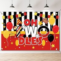 Oh Twodles Birthday Backdrop, Red Black Yellow Mickey Mouse Themed 2nd Birthday Party Banner, Black White Stripe Second Birthday