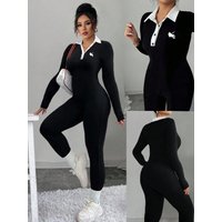 Plus Size Embroidery Contrast Collar Jumpsuit 2026 Black White Long Sleeve Slim Fit Casual Jumpsuit