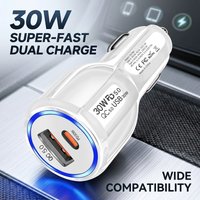 30W PD Type C Car Charger QC 5.0 Dual USB Port Fast Adapter with Blue LED Indicator Works with Mobile Phones Dash Cam For iPhons