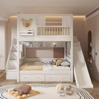 Modern Comfortable Wooden Bunk Bed with Double Top Loft Design Unisex Width Suitable for Nursery Living Room with Slide