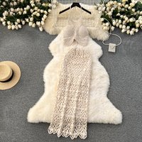 Boho Beach Holiday Sexy Backless Lace up Sling Camis+Elastic Waist Maxi Knit Skirt 2-piece Set New Slim Solid Lining SKirt Suit