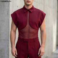 INCERUN Men Shirt Mesh Patchwork Lapel Sleeveless Summer Menswear Clothing Camisa Streetwear 2026 Sexy Shirts Stylish Party Tops