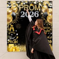Prom 2026 Backdrop Black Silver Graduation Photo Booth Banner Congrats Grad Prom Night Photography Decor for Senior Prom Party