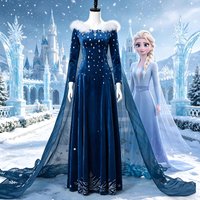 Frozen Elsa Princess Cosplay Dress Dark Blue Velvet Snowflake Gown with Fur Collar Long Train for Women Halloween Party Costume