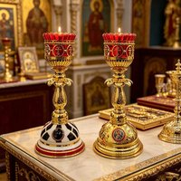 Ornate Gold Metal Vigil Lamp with Red Glass Cup 11.6in Standing Candle Holder Orthodox Christian Lampada for Altar Prayer Decor