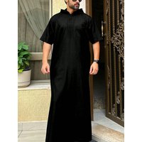 Muslim men's Thobes, short-sleeved hooded ethnic style embroidered Arabic robe, men's holiday casual traditional clothing