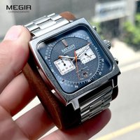 MEGIR Sport Quarzuhr Herren Silber Blau Chronograph Kleid Armbanduhr mit Edelstahlband Auto Datum Leuchtzeiger 24 Stunden