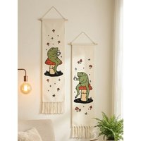 Cute Frog Mushroom Tassel Tapestry Wall Hanging Boho Macrame Banner with Coffee Frog&Red Mushroom Print Wall Art Home Decor Gift