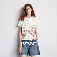 TOYOUTH Women T-shirt 2026 Summer New Shoulder Slimming Silk Scarf Fake Two Piece Vacation Style Top