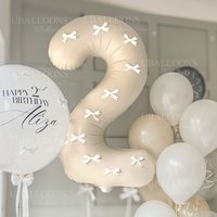 Cream Number Balloons with Bow 32Inch Beige Bow Number Foil Balloons for Birthday Baby Shower Anniversary Wedding Party Decor