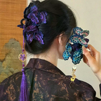 New Chinese Style Kniting Butterfly Hair Claws Women's Purple Long Flower Tassel Shark Grab Clips Vintage Hanfu Headpiece