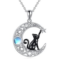 Creative Black Cat Moonstone Moon Pendant Necklace For Women Men Retro Gothic Cute Kitten Animal Choker Halloween Party Jewelry