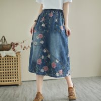 Waed Denim Mid-Length Elastic Waist Loose f Skirt Fre Sle Embroidered Patchwork Japanese New Model Women's Skirt