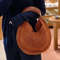 Hobo Designer Hollowed Handbag,Boho Evening Bag Elegant Clutch Purse,Comfortable Handle Solid Color Crescent Women Tote Bag