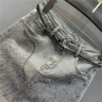 Hot diamond summer new denim skirt embroidered medium-length design trend split medium-length A-line skirt women's fashion style
