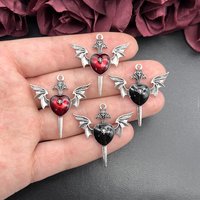 5pcs Goth Skull Heart Enamel Peach Heart Charms Devil's Winged Dagger Heart Pendant Handicraft Crafts DIY Jewelry Accessories