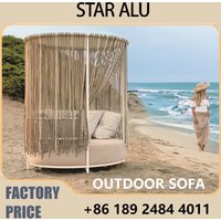 European Style Outdoor Round Daybed, Weatherproof PE Rattan Lounge Chair with Adjustable Canopy, Ideal for Patio Poolside Garden