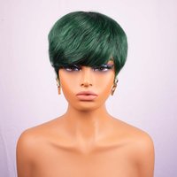 Pixie Cut Wig With Bangs Short Straight Remy Human hair Green Wig For Women Machine Made Affordable Wig