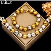 EILIECK 316L Stainless Steel Solid Beaded Necklace Bracelet For Women Girl Fashion New Party Gift Gold-Plated Jewelry Set Bijoux