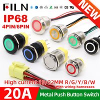 19mm 22mm 20A 12V 24V 110V 220V High Current IP68 Waterproof Flat Ring Round Push Button Switch Metal Stainless Steel 20cm Wire