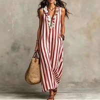 Boho Striped Print Loose Maxi Dress Women Summer 2026 Fashion Sleeveless V-neck Long Dresses Elegant