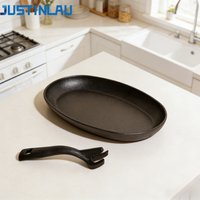 JUSTINLAU Thickened Cast Iron Oval Steak Frying Pan with Wooden Tray& Iron Claw for Home Grilled Fish and Outdoor Grilling Tool