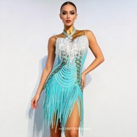 Latin Dance Stage Women's High-end Customized New Crystal Tassel Neckline Suspender Samba Rhinestone Performance Costume Dress
