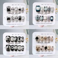 10Pcs Cute Cartoon Black Cat Blue Gray Geometry Handmade Press on Nails Square Head Nail Patch Cat Eye Nail Patch Fake Nails Art