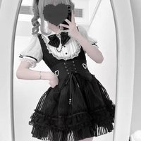 Original Japanese Ryousangata Kawaii Short Sleeve Dress 2 Piece Set Women Striped Lace Bowknot Sweet Moe Sweet Lolita Outfits