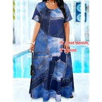 Plus Size Women's Denim Print Maxi Dress Summer Casual Short Sleeve Crew Neck A Line Flowy Long Sundress Beach Vacation Dress