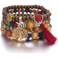 4Pcs Bohemia Tree Of Life Charm Beaded Bracelet Set For Women Handmade Wood Beads Chain Bangle Female Boho Jewelry