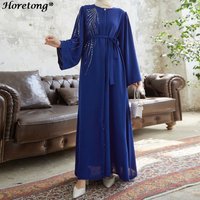 Horetong Elegant Muslim Abaya Beaded Rhinestone Flared Sleeve Open Front Belted Waist Modest Maxi Dress Ramadan Eid Daily Wear