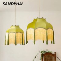 SANDYHA Retro Tassel Chandelier Fabric Art Led Lamps for Entrance Bedroom Living Dining Room Pendant Lights Suspension Luminaire