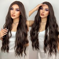 HENRY MARGU Long Brown Wavy Synthetic Wigs Middle Part Natural Curly Wig for Black Women Cosplay Daily Heat Resistant Fake Hair