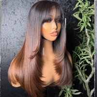 400 Density Brown Ombre Colored 13x6 HD Glueless Wigs with Bangs Human Hair Ready To Wear Brazilian Color Layer Cut Straight Wig