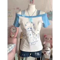 2026 Y2k Kawaii White Juminocore Women T-Shirts Cutecore Short Sleeve Striped Off Shoulder Japanese Fashion Slim Tees Gyaru