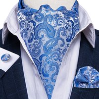 Fashion Blue Paisley Ascot for Man Accessory Luxury Men's Silk Floral Cravat Handkerchief Cufflinks Set Business Party Wedding