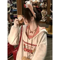Japanese Kawaii Vintage 2 Piece Sets Women Autumn Printed Sweatshirts with Hooded + Plaid Vest Korean Fashion Clothing Autumn