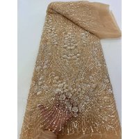 2025 Latest African Beaded Lace Fabric Gold Embroidery French Mesh Sequins Lace Fabric Nigerian Tulle Laces For Party Dresses