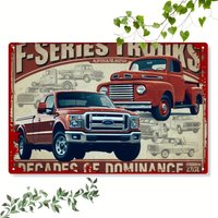 of Iron Artwork Showcasing a Retro Poster with Two Red Trucks Amidst Collection Other Classic Cars, Measuring O