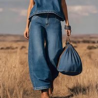 Women's Vintage Western Denim Vest Top Two Piece Set Solid Crew Neck Sleeveless Loose T-Shirt With Wide Leg Pants Y2K Sets