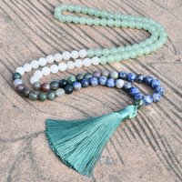 108 Mala Beads Tassel Pendant Long Necklace Women's Bohemian Green Aventurine Indian Agate Blue Dot Stone Handmade Jewelry