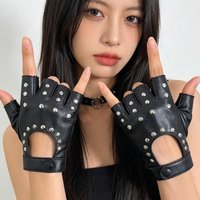 Half Finger Studded Gloves Women Leather Punk Rock Gloves Fingerless Black Rivet Gloves for Motorcycle Driving Stage Performance