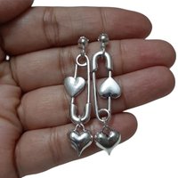 Personality Creative Silver Color Pin Heart-shaped Tassel Pendant Dangle Earrings Necklace for Women Retro Fashion Jewelry Gifts