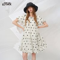 ELFSACK White Black Polka Dot Tiered Midi Dress, Puff Sleeve Bow Tie Ruffle Casual Dress, Sweet Retro Cute Dress for Women