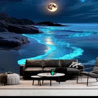 Blue Tears Tapestry – Moonlit Ocean Beach Wall Art, Bioluminescent Sea Scene Decor for Bedroom, Living Room, 90x70 Inches